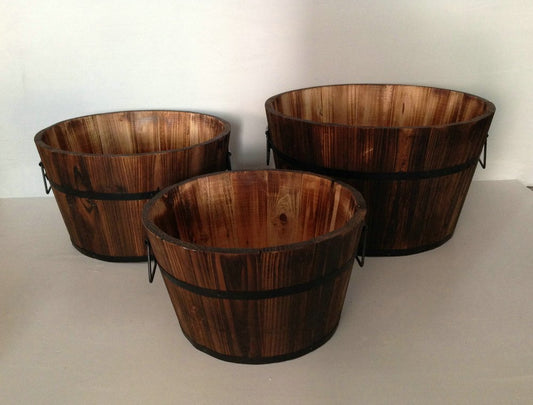 Set of Three Natural Wood Indoor Outdoor Round Pot Planters