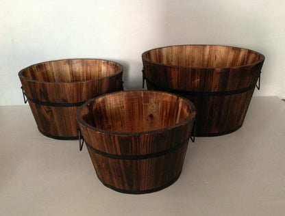 Set of Three Natural Wood Indoor Outdoor Round Pot Planters