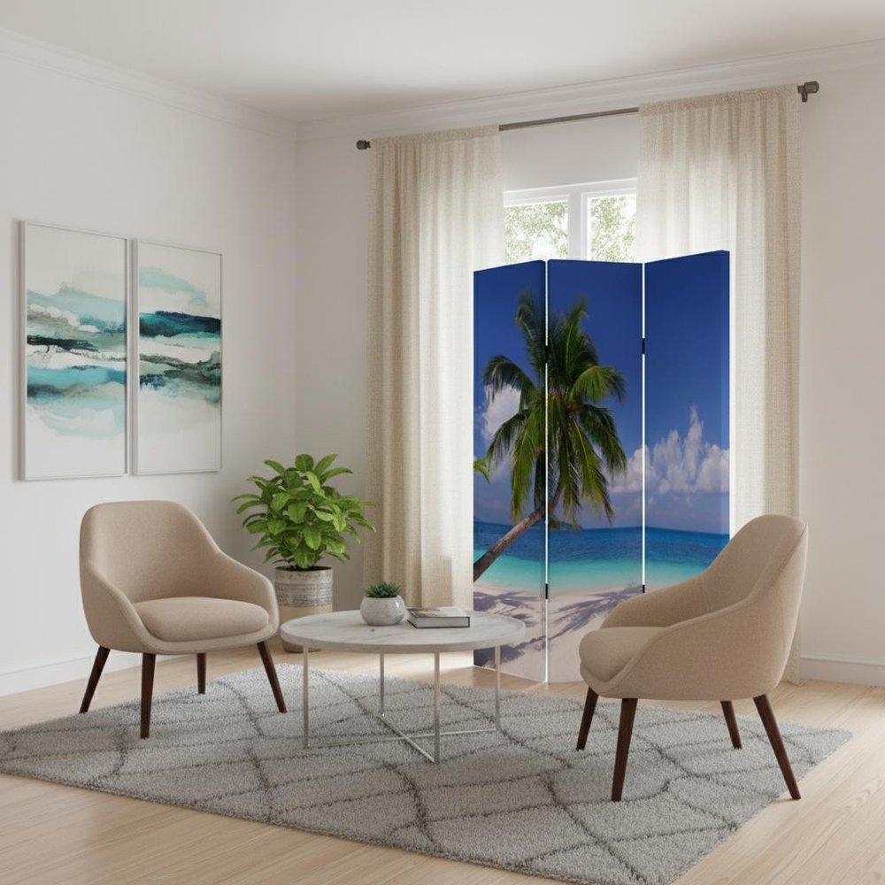 72" Blue And Green Canvas Folding Three Panel Screen Room Divider