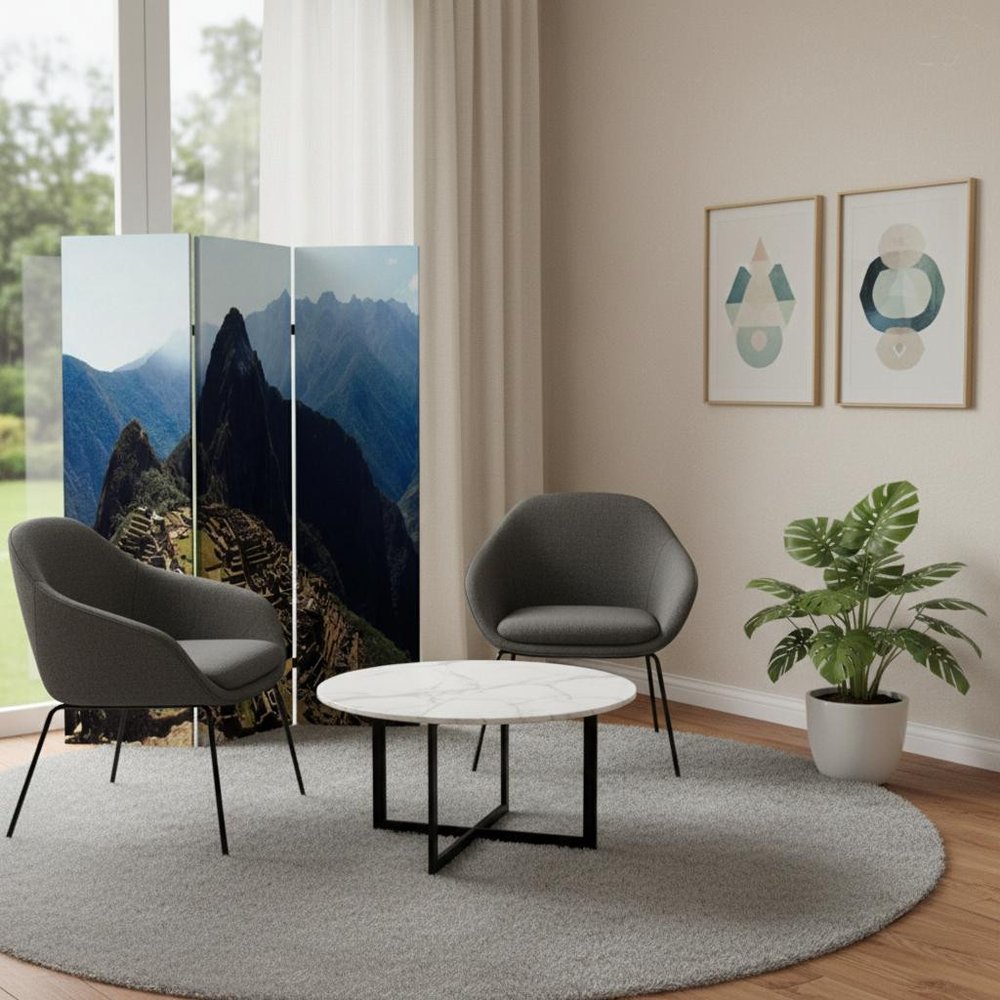 72" Blue And Green Canvas Folding Three Panel Screen Room Divider