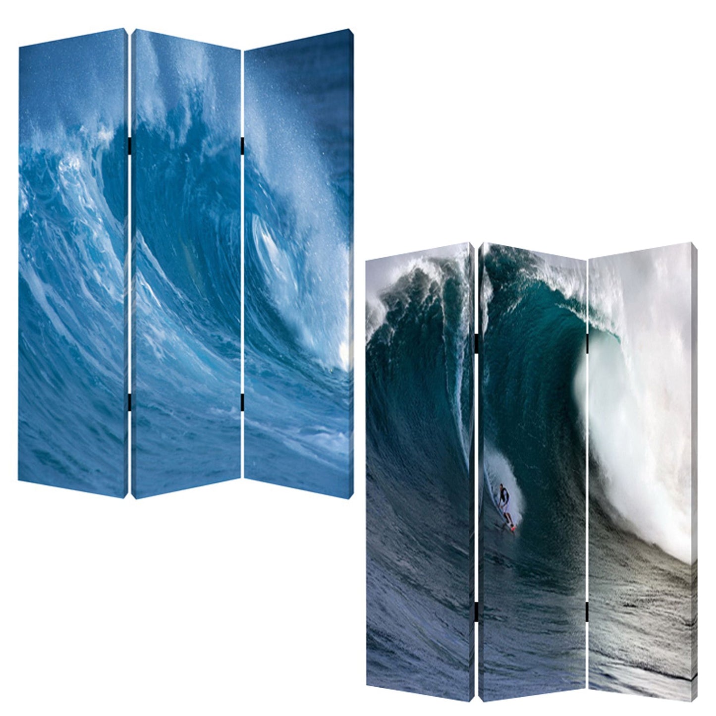 72" Blue And White Canvas Folding Three Panel Screen Room Divider