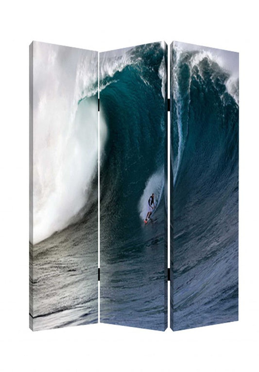 72" Blue And White Canvas Folding Three Panel Screen Room Divider