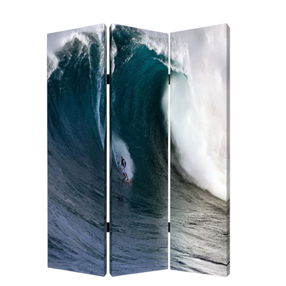 72" Blue And White Canvas Folding Three Panel Screen Room Divider