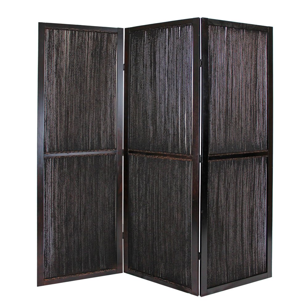 Dark Wood And Water Hyacinth 3 Panel Room Divider Screen