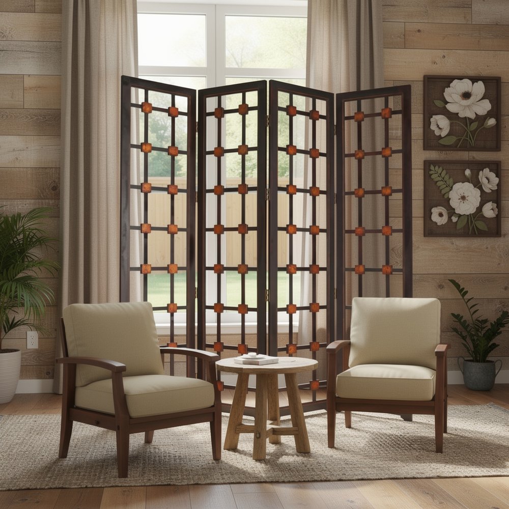 84" Brown Folding Four Panel Screen Room Divider