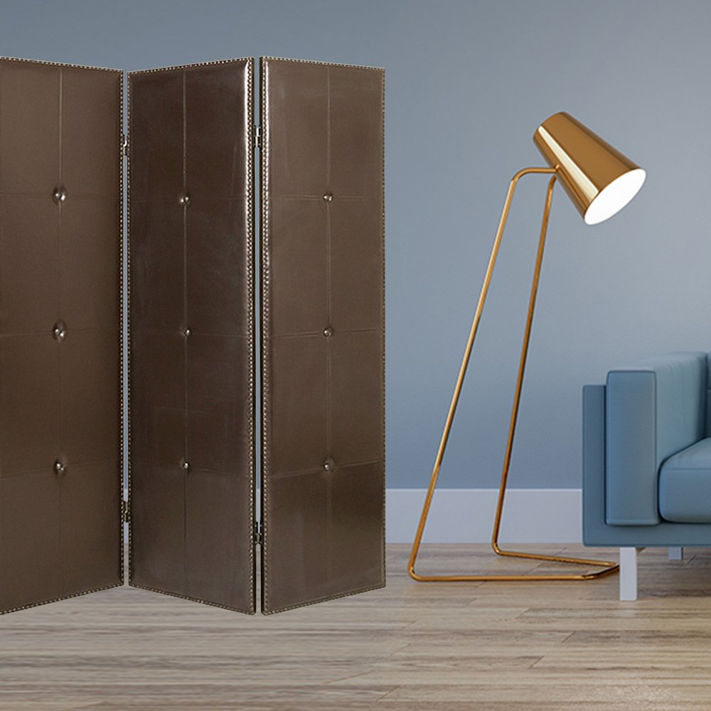 72" Brown Faux Leather Folding Three Panel Screen Room Divider