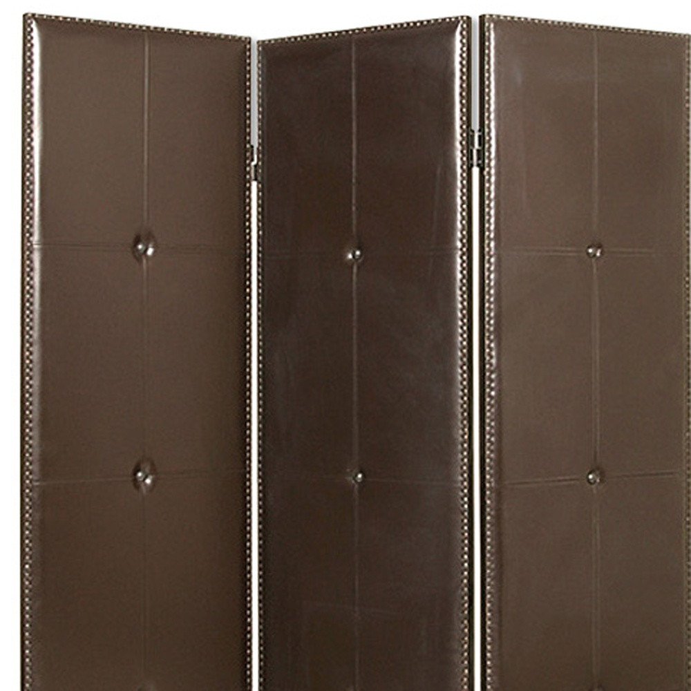 72" Brown Faux Leather Folding Three Panel Screen Room Divider