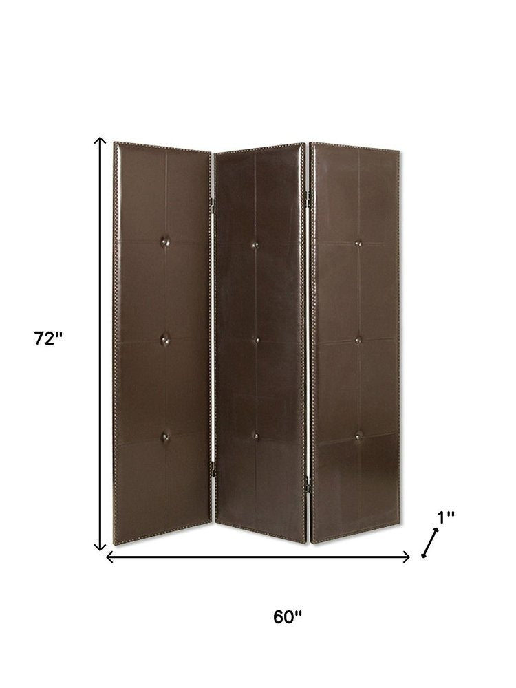 72" Brown Faux Leather Folding Three Panel Screen Room Divider