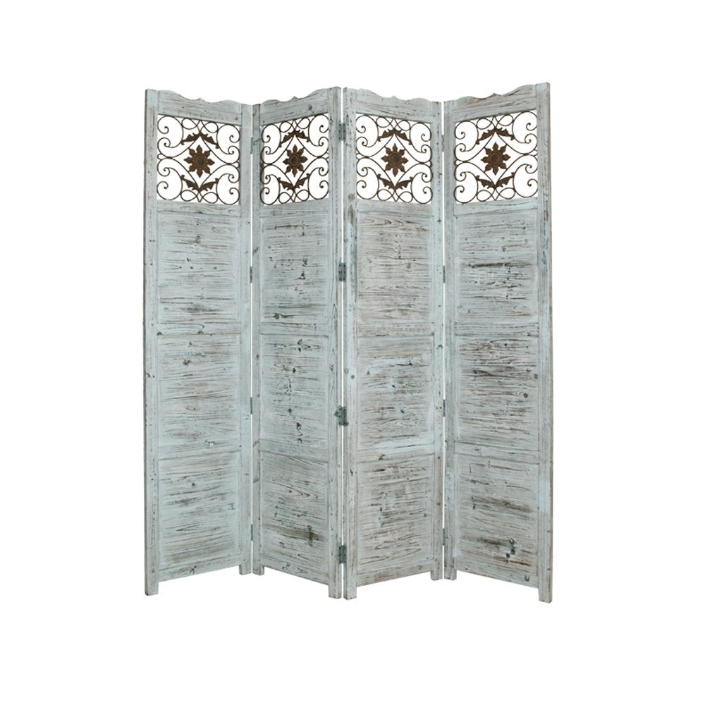 84" Blue Wood Folding Four Panel Screen Room Divider