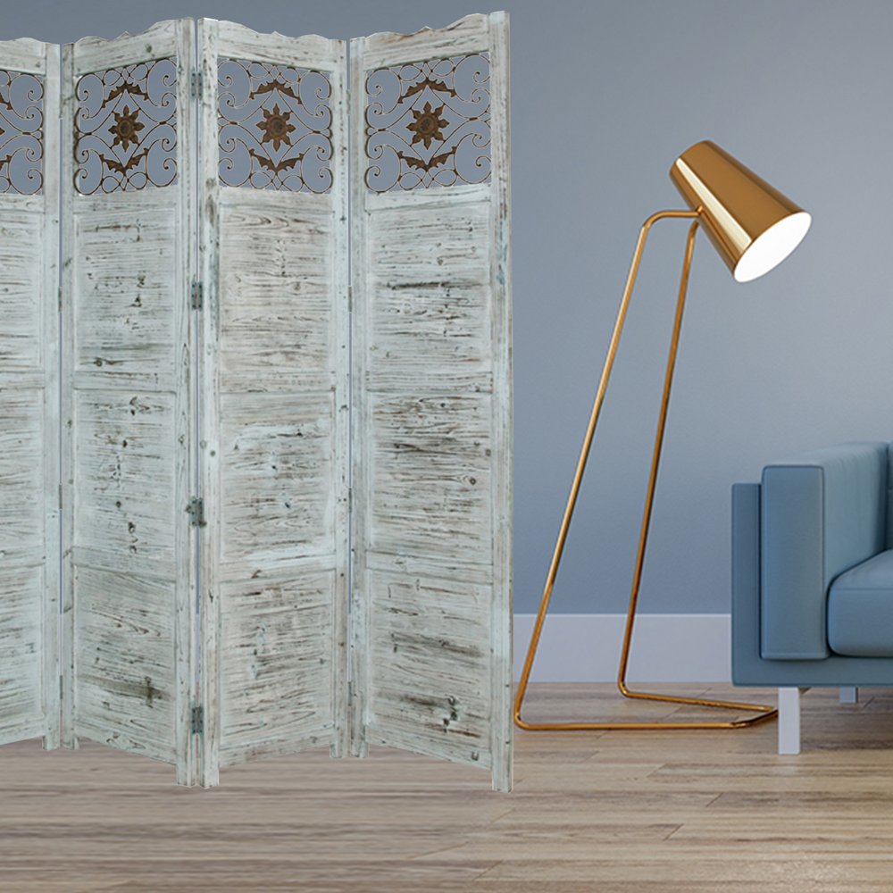 84" Blue Wood Folding Four Panel Screen Room Divider