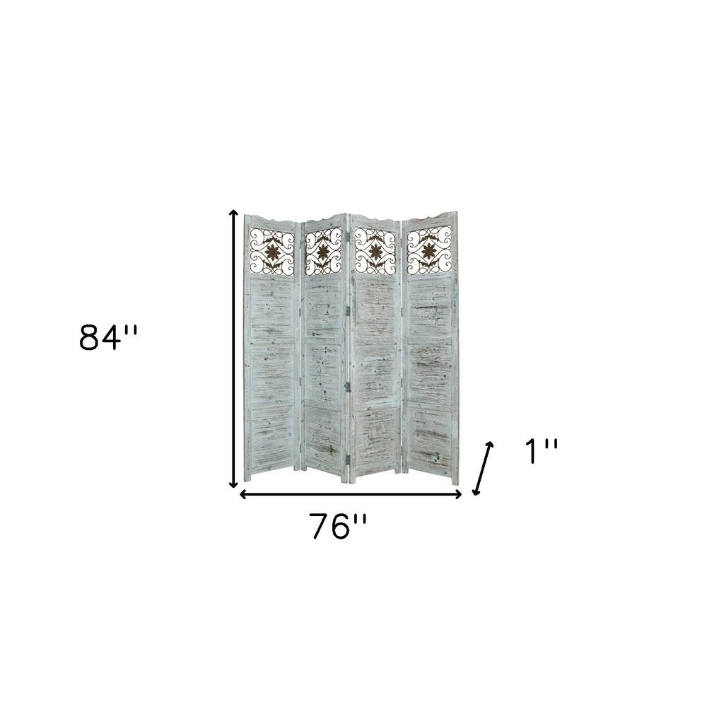 84" Blue Wood Folding Four Panel Screen Room Divider
