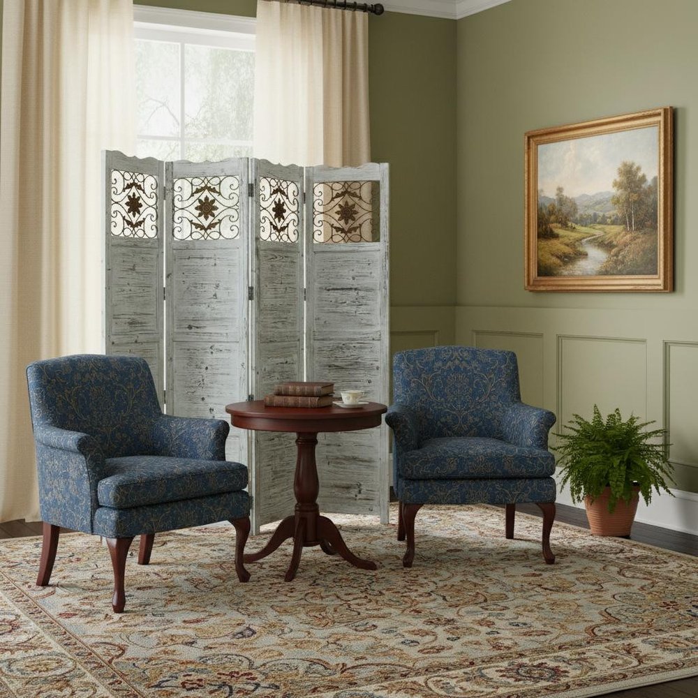 84" Blue Wood Folding Four Panel Screen Room Divider