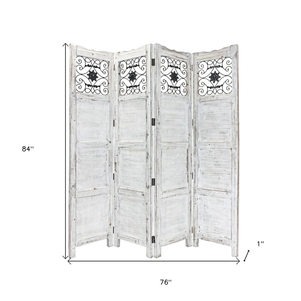 84" Blue Wood Folding Four Panel Screen Room Divider