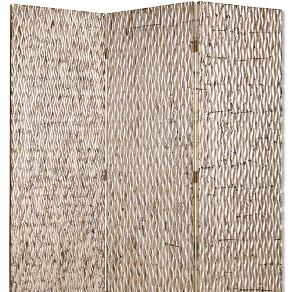 72" Silver Wood Folding Three Panel Screen Room Divider