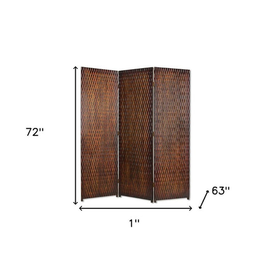 72" Brown Wood Folding Three Panel Screen Room Divider