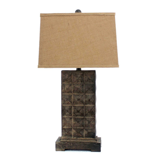 30" Distressed Bronze Metal Bedside Lamp With Khaki Shade