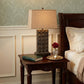 30" Distressed Bronze Metal Bedside Lamp With Khaki Shade