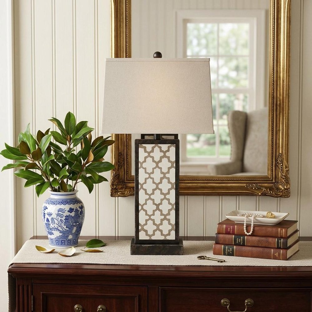 30" Distressed Bronze Metal Bedside Lamp With Beige Shade