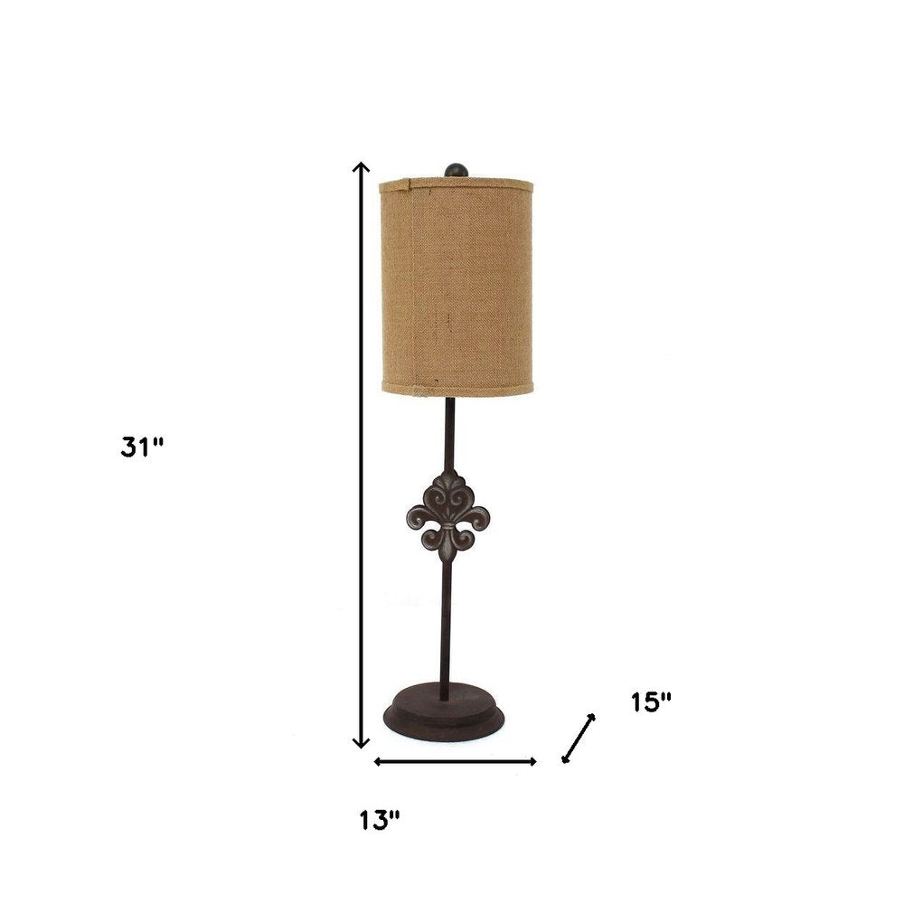 31" Black Fleur de Lis Metal Table Lamp With Natural Burlap Shade