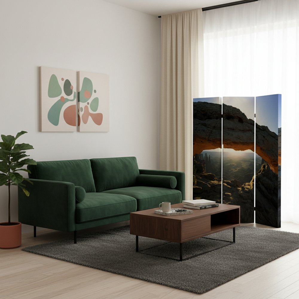 72" Brown Canvas Folding Three Panel Screen Room Divider