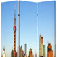 72" Blue Reversible China Cityscape Canvas Folding Three Panel Screen Room Divider