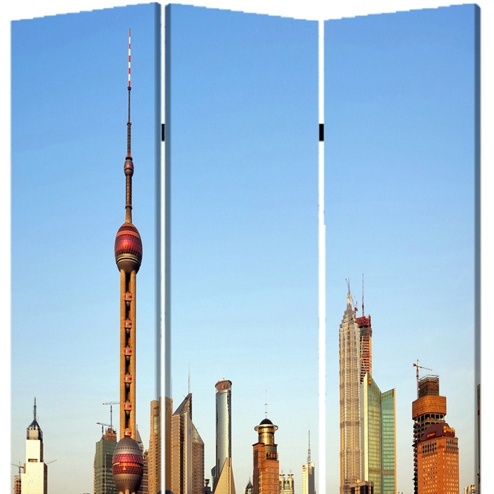 72" Blue Reversible China Cityscape Canvas Folding Three Panel Screen Room Divider