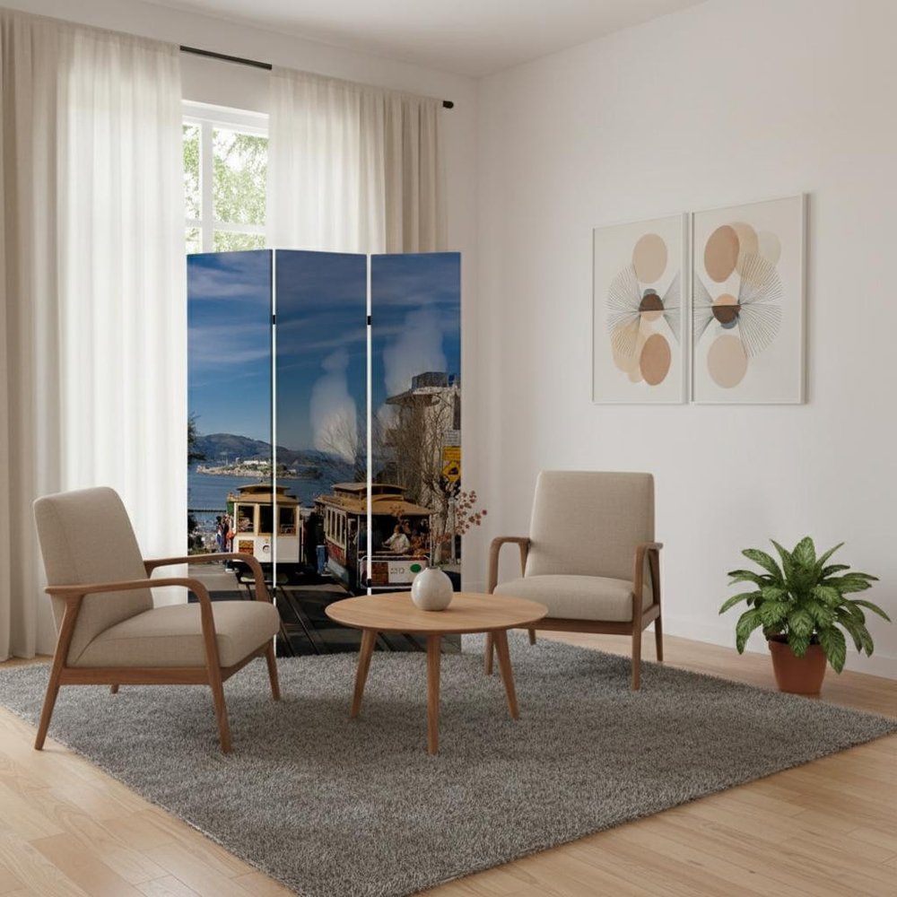 72" Blue And White Canvas Folding Three Panel Screen Room Divider