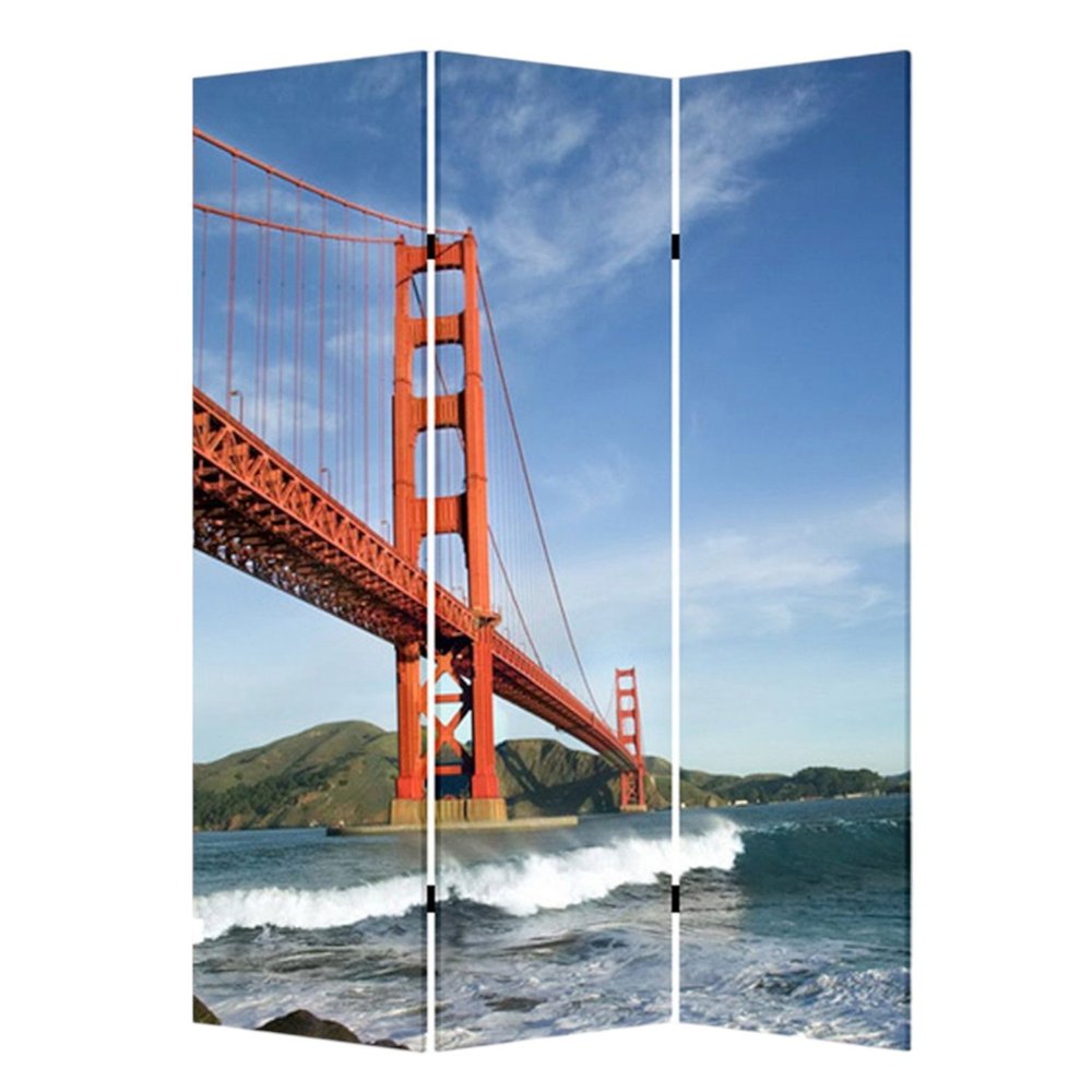 72" Blue And White Canvas Folding Three Panel Screen Room Divider