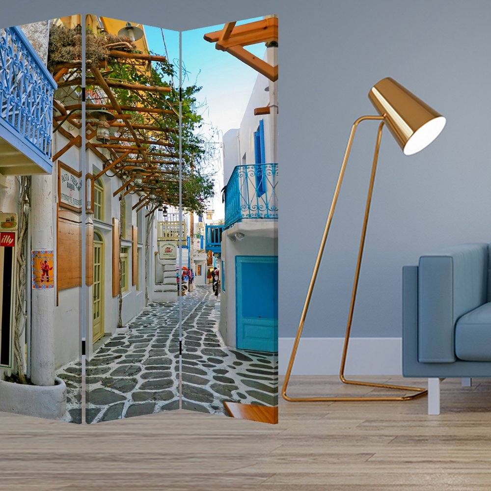 72" Blue And White Canvas Folding Three Panel Screen Room Divider