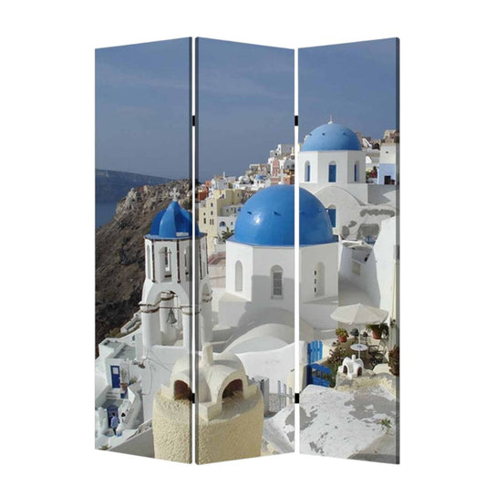 72" Blue And White Canvas Folding Three Panel Screen Room Divider