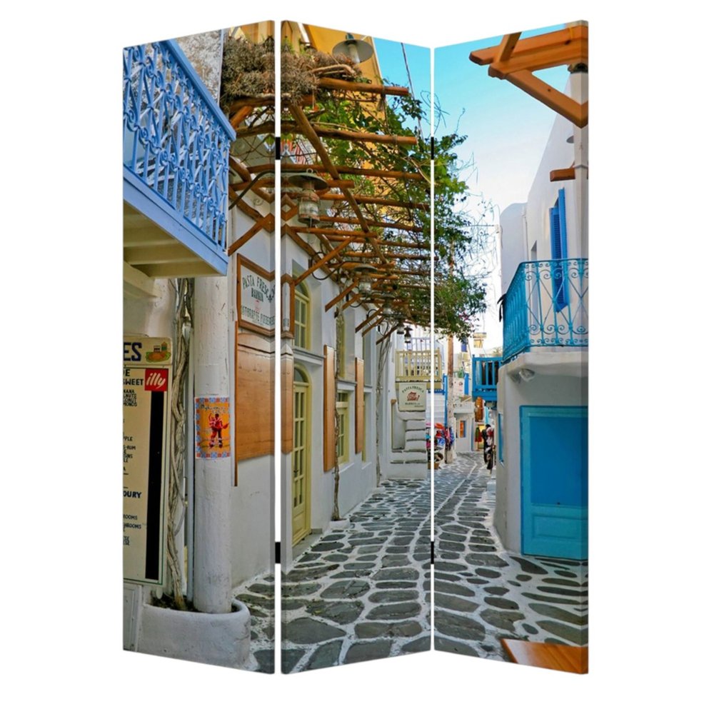 72" Blue And White Canvas Folding Three Panel Screen Room Divider