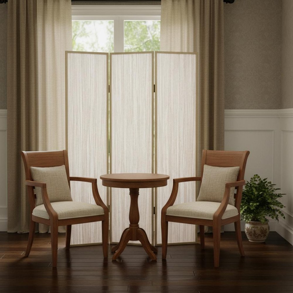 71" Beige Folding Three Panel Screen Room Divider