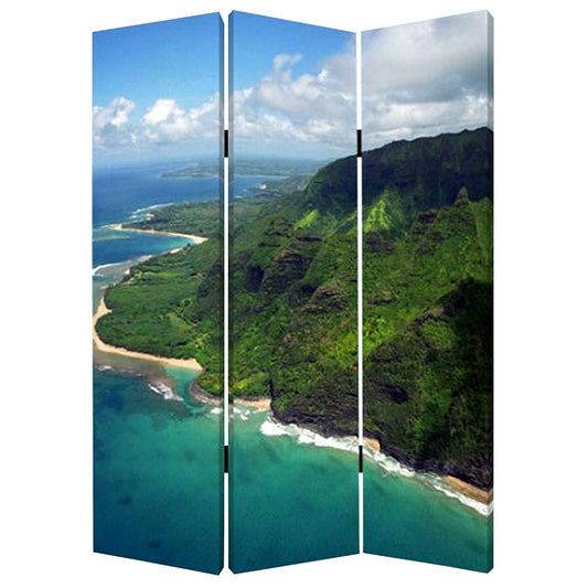 72" Blue And Green Canvas Folding Three Panel Screen Room Divider