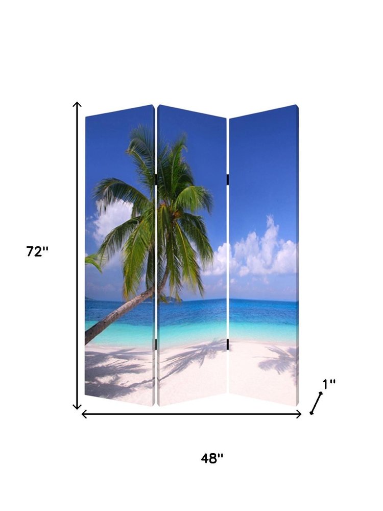 72" Blue And Green Canvas Folding Three Panel Screen Room Divider