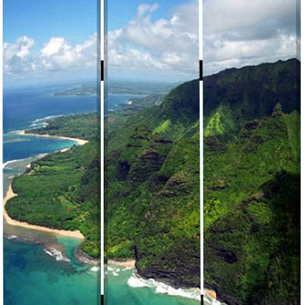 72" Blue And Green Canvas Folding Three Panel Screen Room Divider