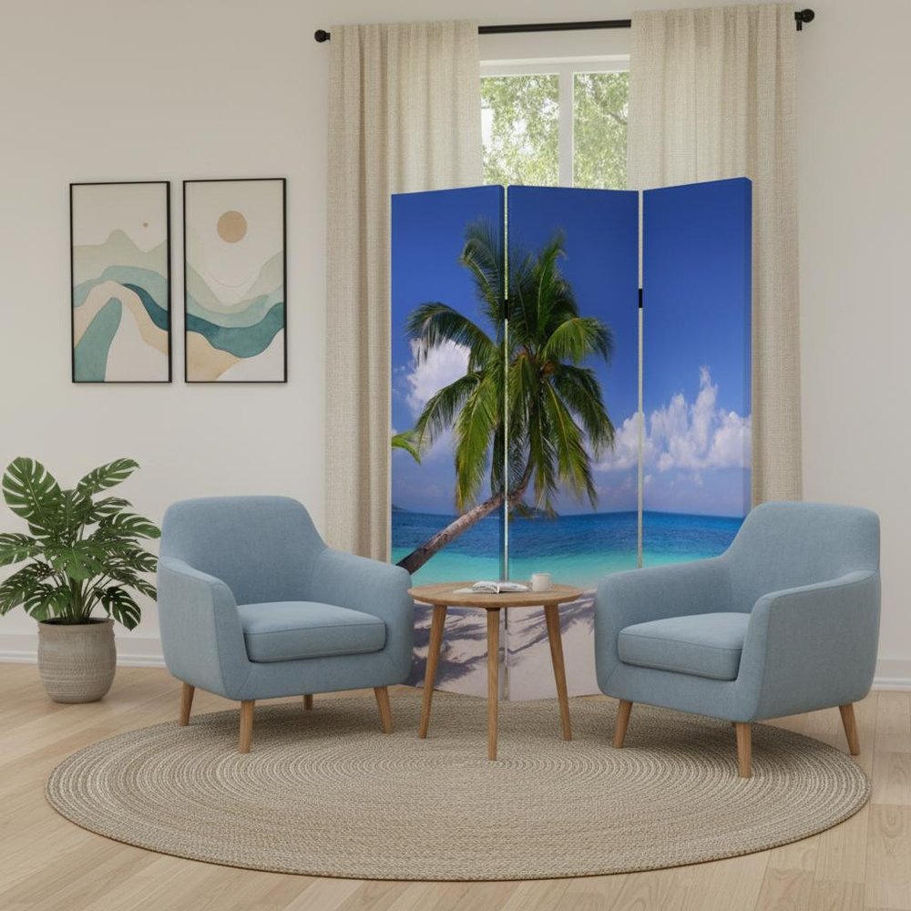 72" Blue And Green Canvas Folding Three Panel Screen Room Divider