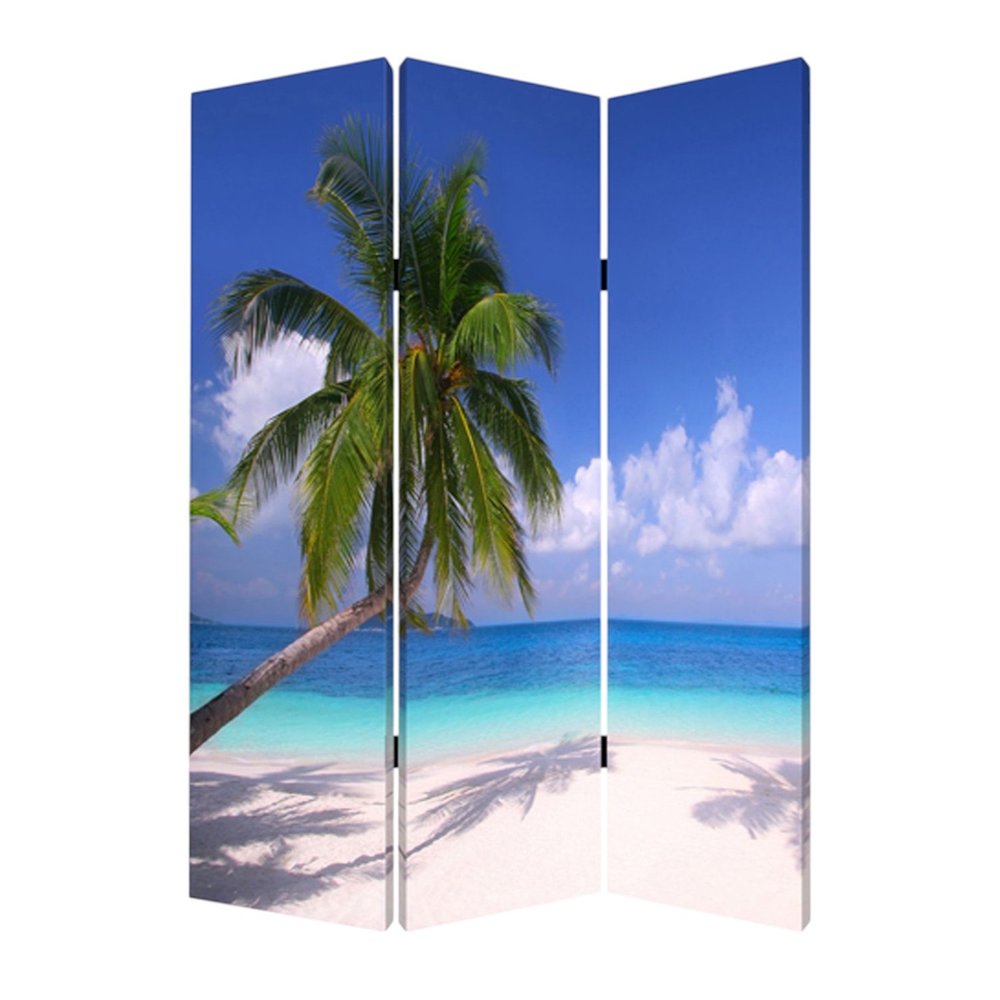 72" Blue And Green Canvas Folding Three Panel Screen Room Divider