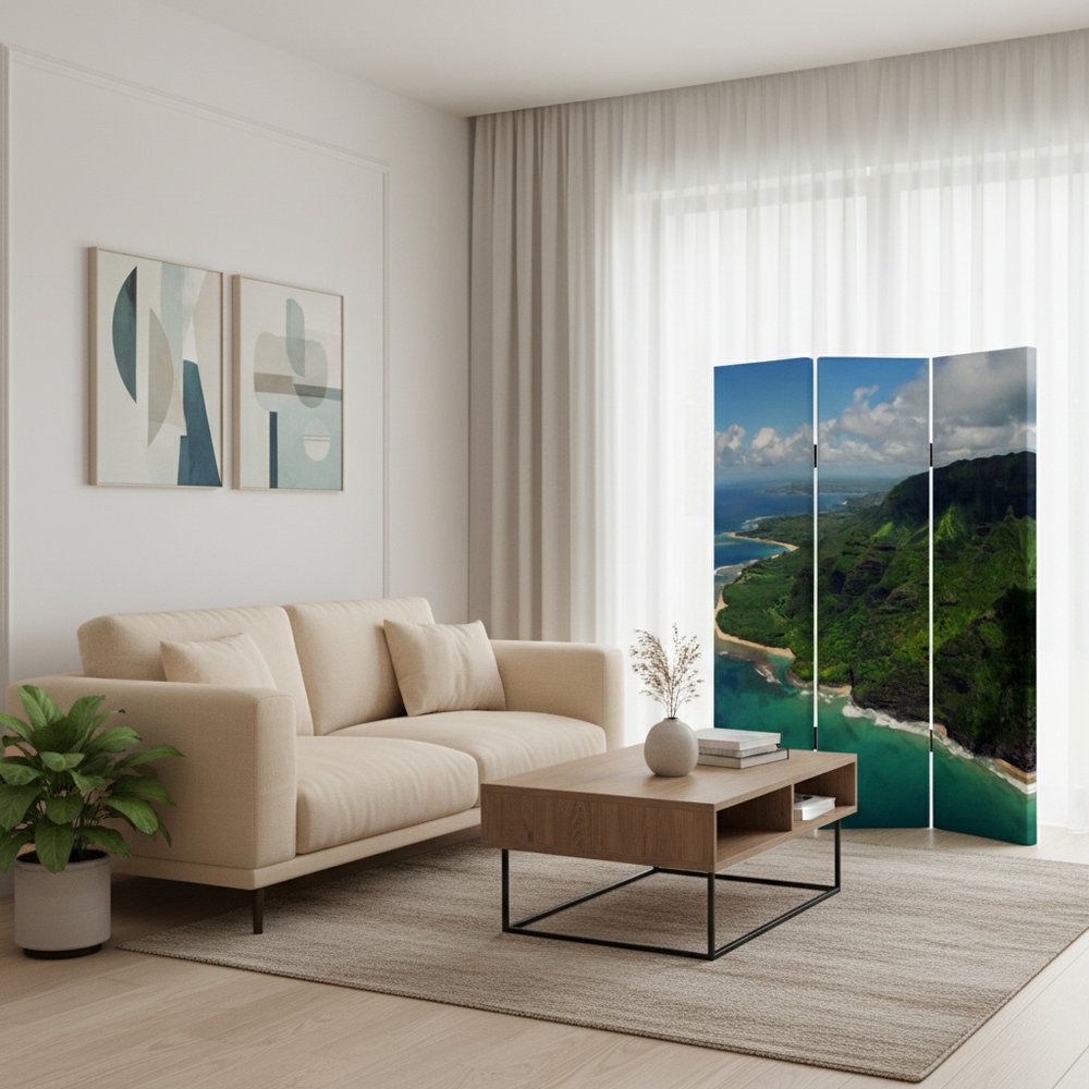 72" Blue And Green Canvas Folding Three Panel Screen Room Divider