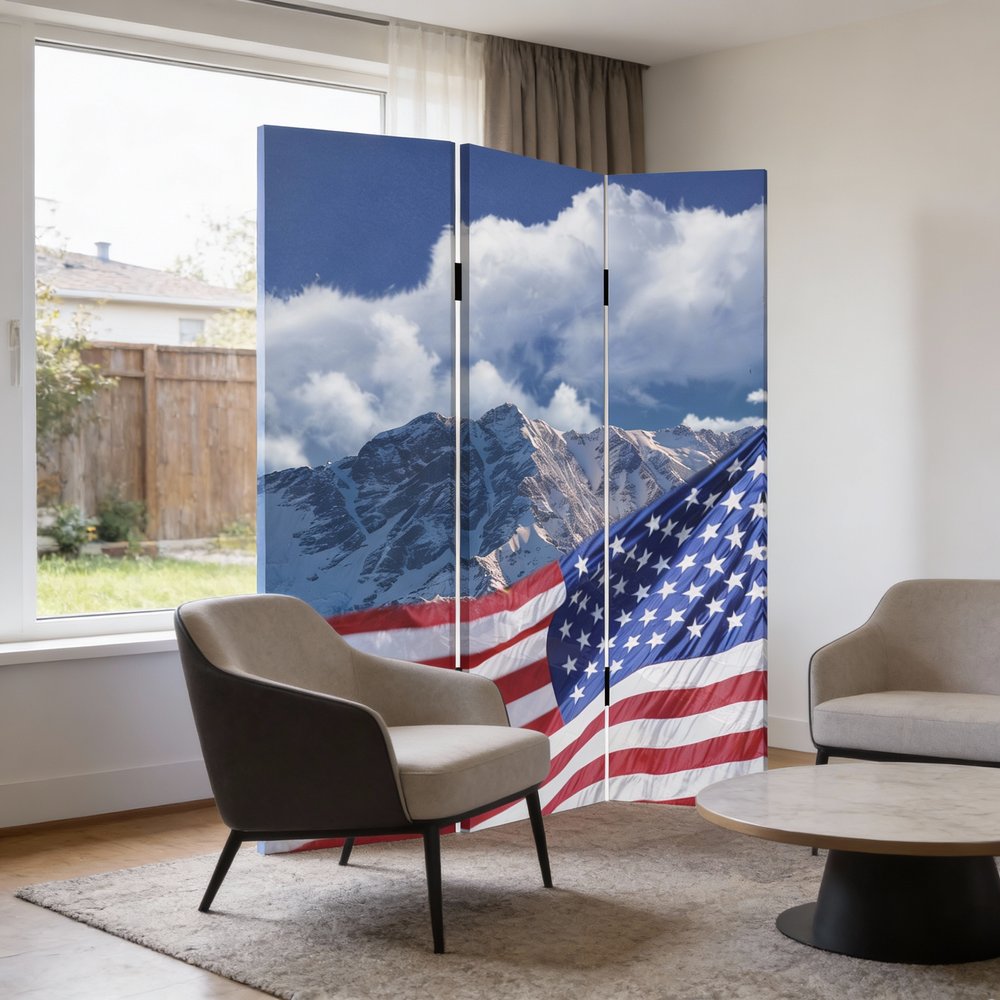 72" Red White And Blue American Flag Reversible Canvas Folding Three Panel Room Divider