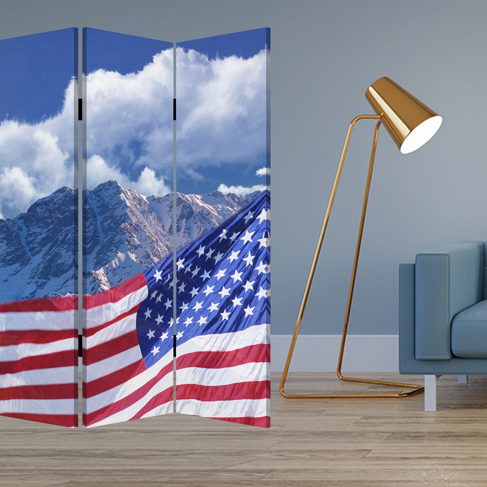 72" Red White And Blue American Flag Reversible Canvas Folding Three Panel Room Divider