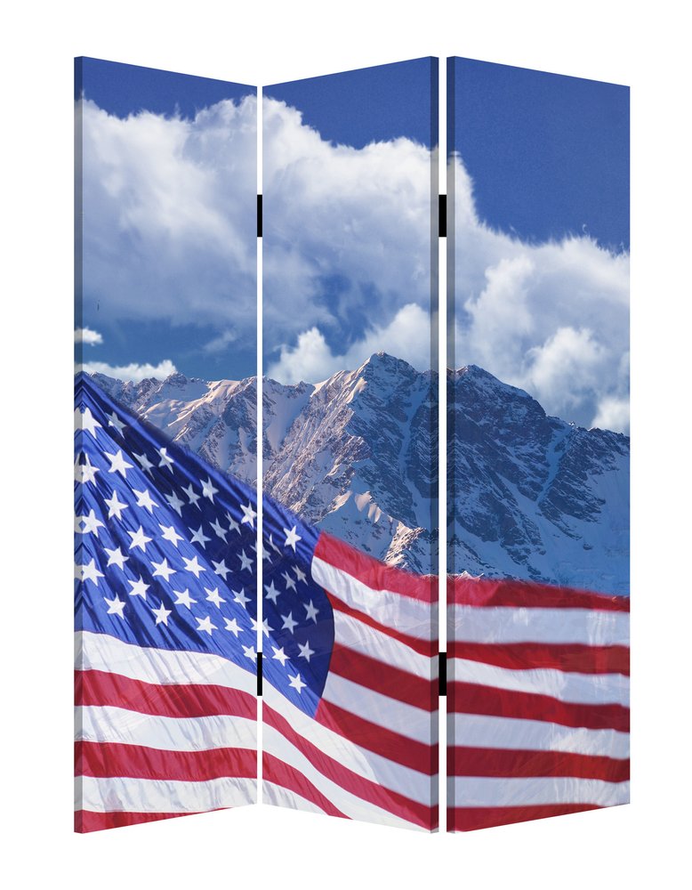 72" Red White And Blue American Flag Reversible Canvas Folding Three Panel Room Divider
