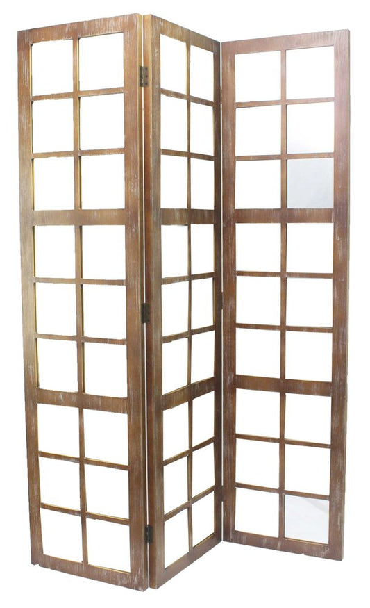 84" Brown Glass Folding Three Panel Screen Room Divider