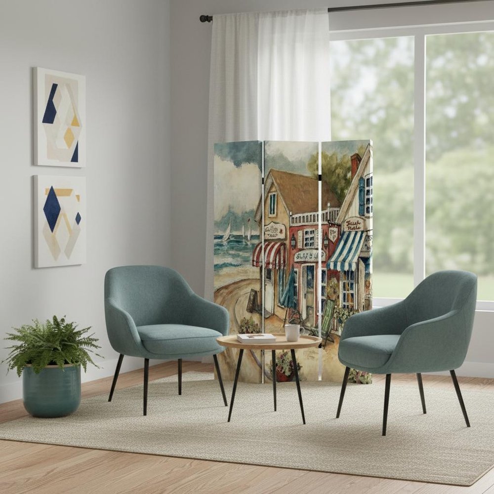 72" Beige Canvas Folding Three Panel Screen Room Divider