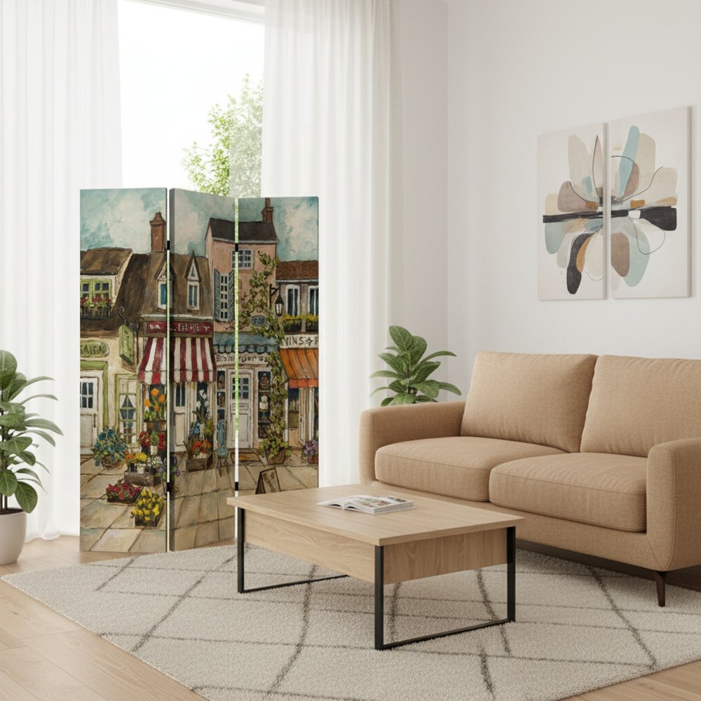 72" Beige Canvas Folding Three Panel Screen Room Divider