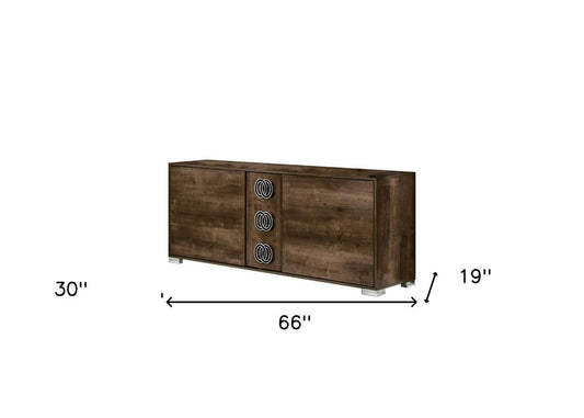 66" Brown Wood Three Drawer Double Dresser