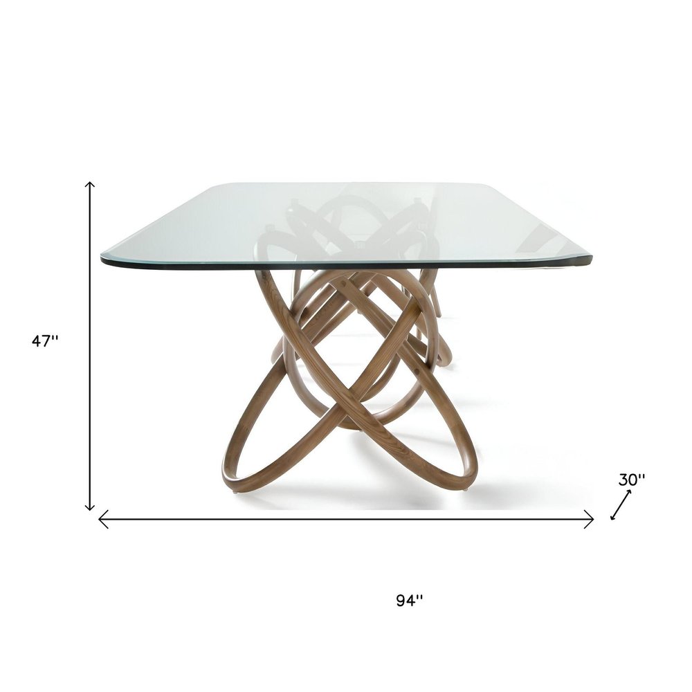 94" Clear And Natural Glass And Solid Wood Pedestal Base Dining Table