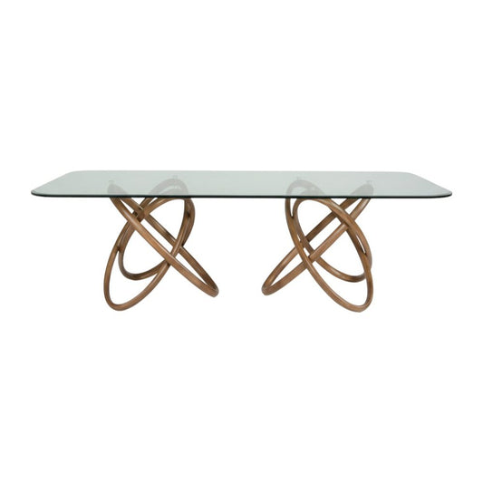 94" Clear And Natural Glass And Solid Wood Pedestal Base Dining Table