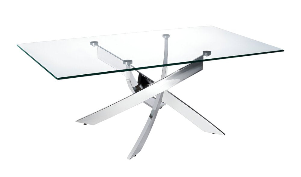 47" Clear and Silver Glass And Steel Cross Legs Coffee Table