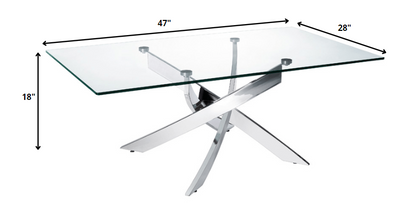 47" Clear and Silver Glass And Steel Cross Legs Coffee Table