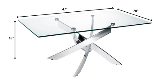 47" Clear and Silver Glass And Steel Cross Legs Coffee Table
